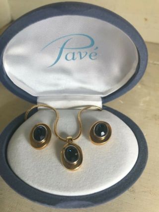 Vintage Pave Jewellery Set Earrings And Necklace Gold Tone Blue Gem