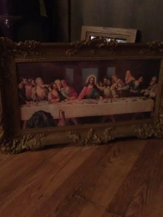 Vintage Print The Last Supper Picture Carved Wood Frame 16x9