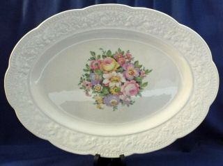 Rare Vintage Edwin M Knowles Cremelace 32 - 9 Cameo Floral Center 13 " Oval Platter