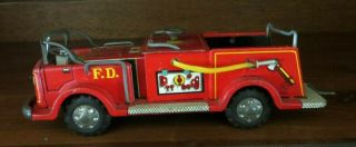 Vintage K Toys Tin Litho Fire Truck With Water Hose And Crank Made In Japan