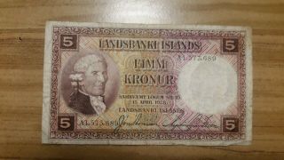 Iceland,  Five Kronur Vintage Bank Note.  1928