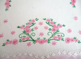 Vintage Embroidered Pink Floral Table Runner Or Dresser Scarf Crochet Trim