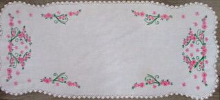 Vintage Embroidered Pink Floral Table Runner or Dresser Scarf Crochet Trim 2