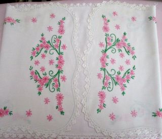 Vintage Embroidered Pink Floral Table Runner or Dresser Scarf Crochet Trim 3