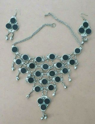 Vintage Peru Jewelry Necklace & Earrings Set Made Of Alpaca Silver & Onyx 100grs