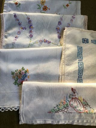 Vintage Hand Embroidered Traycloths.  Crinoline Lady.  Flowers.  Willow Pattern.
