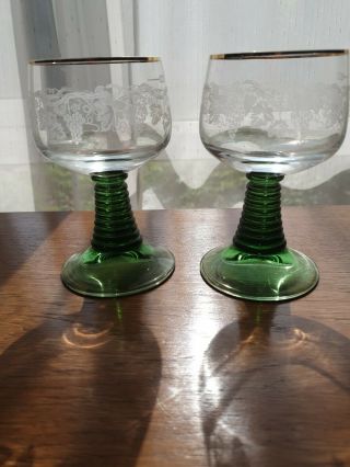 Vintage German Roemer Green Etched Stem Wine Hock Glasses