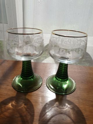 Vintage German Roemer Green Etched Stem Wine Hock Glasses 2
