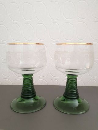 Vintage German Roemer Green Etched Stem Wine Hock Glasses 4