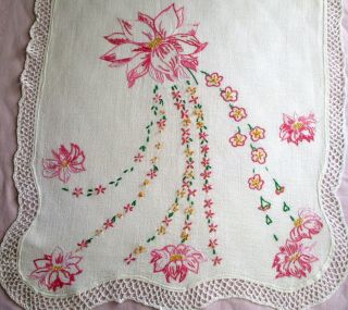 Vintage Embroidered Pink Floral Table Runner Or Dresser Scarf