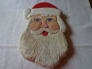 Vintage Hand Carved And Painted Wood Ooak Santa Face Signed