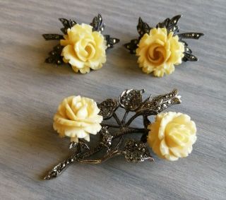 Pretty Vintage Sterling Silver & Floral Earrings And Matching Brooch (d2)