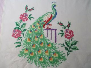 Vintage Embroidered Peacock Table Runner Or Dresser Scarf