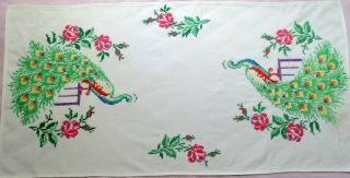 Vintage Embroidered Peacock Table Runner or Dresser Scarf 2