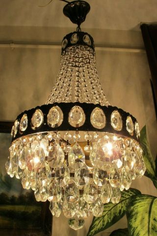 Antique Vintage French Basket Style Crystal Chandelier Lamp Light 1960 