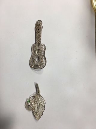 2 X Fine 925 Silver Brooches Vintage Guitar And Leaves.