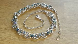 Vintage Blue Aurora Borealis Paste Stone Necklace Silver Tone Metal