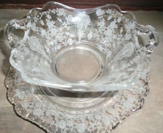 Vintage Cambridge Glass Rosepoint Etched 2 Handle Sauce Bowl W/underplate