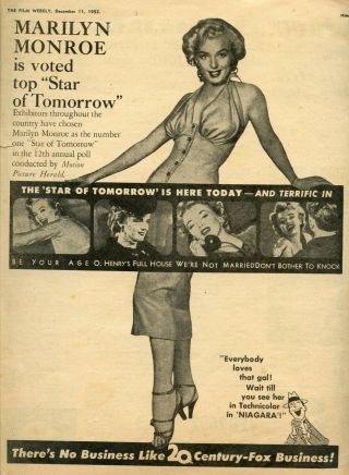 Vintage Ad For " Niagara " With Marilyn Monroe In The Film Weekly Dec.  11,  1952
