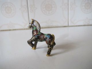Vintage Cloisonne Horse - Black / Colour Enamel On Gold - Chinese Mini Figurine