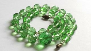 Czech Vintage Art Deco Green Faceted Glass Bead Necklace