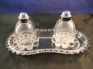 Vintage Imperial Glass Candlewick Salt & Pepper Shakers With Under Plate