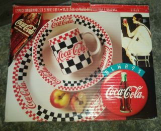 Vintage Coca Cola 12 Piece Dinnerware Set Checkers Diner Incomplete