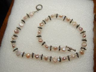 Vintage Sterling Silver Fresh Water Pearl & Moonstone Beaded Bead Necklace