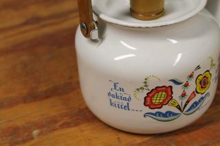 Vintage EN VAKTAD KITTEL BLIR ALDRIG BRAND Enamel Teapot Kettle Swedish Berggren 5