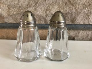 Vintage Hazel Atlas Salt & Pepper Shaker Set Clear Ribbed Glass Metal Tops