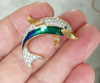 Vintage Attwood & Sawyer Jewellery Crystal Enamel Dolphin Rolled Gold Brooch Pin