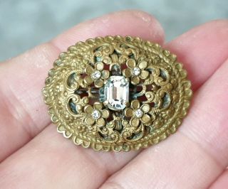 Edwardian Vintage Czech Jewellery Clear Crystal Gold Floral Filigree Brooch Pin