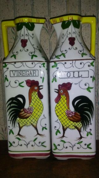 Vintage Rooster And Roses Oil And Vinegar Cruets