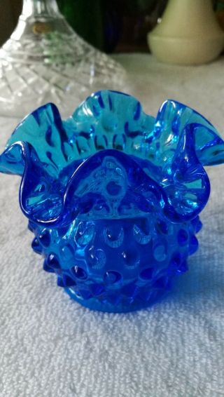 Vtg 3 " Fenton Hobnail Colonial Blue Rose Bowl Art Glass Vase