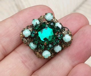 Vintage Czech Jewellery Emerald Crystal & Peking Glass Gold Filigree Brooch Pin