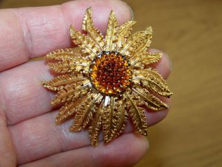 Vintage Signed Sarah Cov Jewellery Molded Amber Glass 3d Flower Brooch Shawl Pin