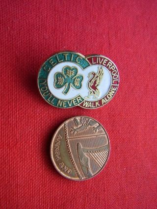 A Vintage Enamel Football Pin Badge " Celtic V Liverpool " You 
