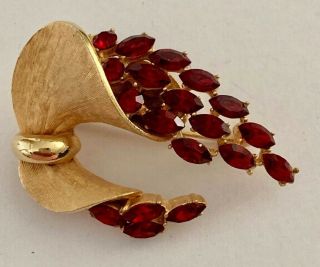 Vintage Gold Tone Ruby Red Rhinestone Signed Bsk Art Brooch Pin Jewelry