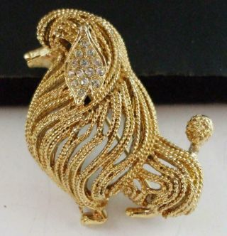 Pretty Vintage Gold Tone Filigree Dog Pin Brooch W/clear Rhinestone Accents