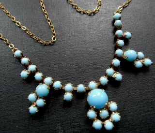 Vintage Turquoise Rhinestone Modernist Flower Gold Tone Chain Necklace 70s - R331