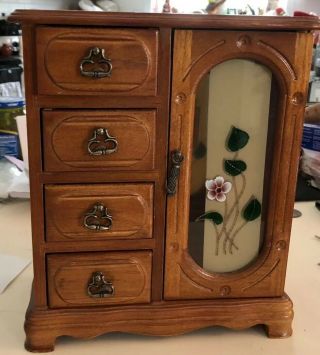 Vintage Wood Jewelry Armoire - Jewelry Box 4 Drawers & Necklace Holder