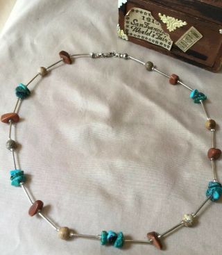 Vintage Liquid Sterling Silver Beads & Turquoise Nugget Necklace 15in 9.  3 Grams