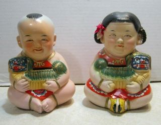 (2) Vintage Chalkware Asian Girl & Boy Coin Banks W/ Stoppers Ll60