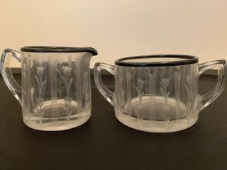 Vintage Clear Depression Glass Creamer And Sugar Set Foral Lace Etched Pattern