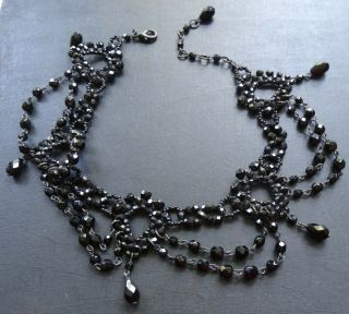 Vintage French Jet Black Glass Bead Flower Swag Choker Necklace Victorian Q7