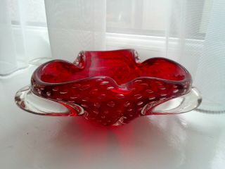 Vintage Murano Art Glass Bowl / Ashtray Red / Clear,  Controlled Bubbles