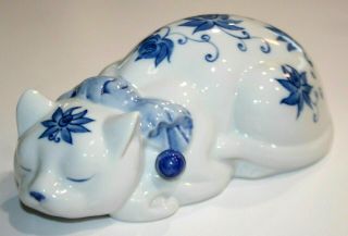 Vintage Andrea By Sadek Sleeping Cat Blue & White Floral Porcelain