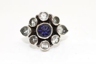 A Large Heavy Vintage Sterling Silver 925 Blue & White Stone Cluster Ring 14128