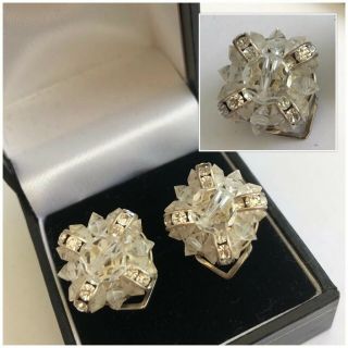 Vintage Art Deco Jewellery Silver Tone Crystal Glass Flower Clip On Earrings