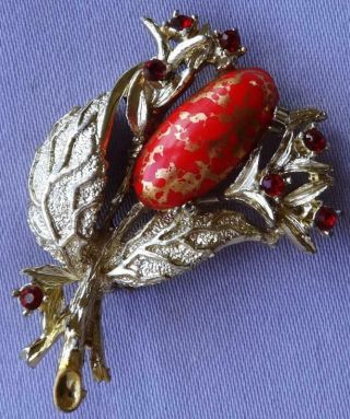 Vintage Red & Gold Glass Stone Floral Brooch By Exquisite